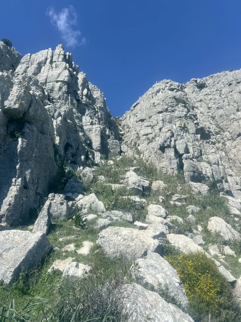 Sendero entre rocas calizas hacia la cumbre